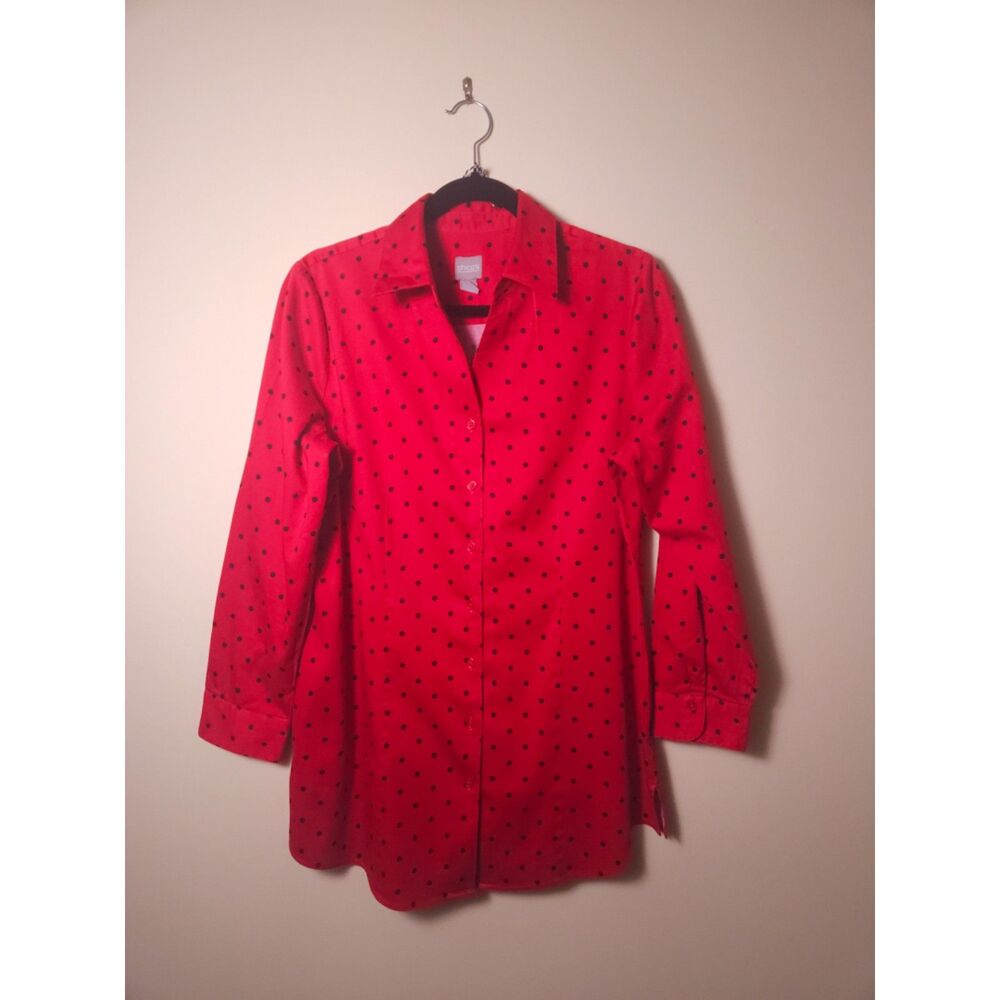 Chico’s Cotton Button Down Shirt - Red w/Black Polka Dots - SZ 1